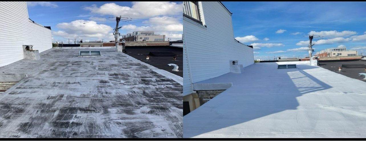A before-and-after of a flat-roof coating — gray, aged surface beside the same roof renewed in white.