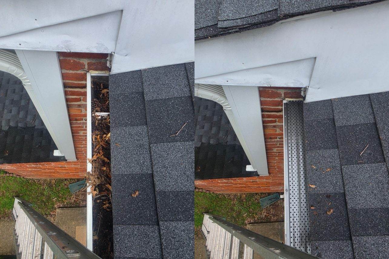 A Maryland-area before-and-after: debris-filled gutter cleaned out, guard installed — the debris on top is the point, it rinses off instead of packing inside.