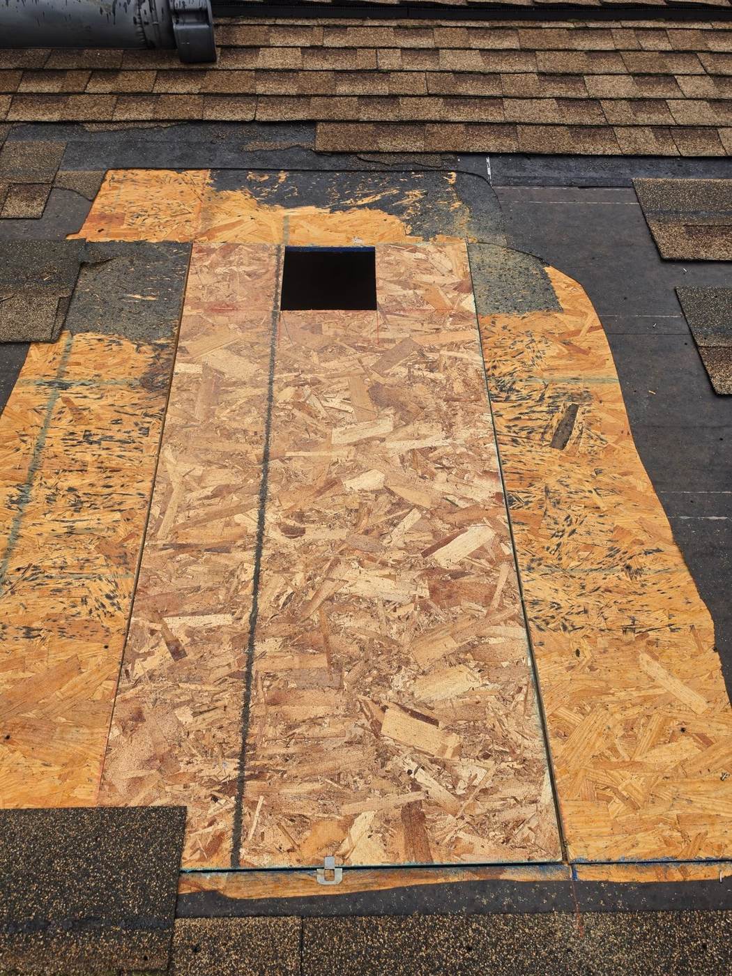 Shingles stripped back showing the OSB sheathing and a vent cutout underneath — the condition of what's below the shingles decides repair versus replace.